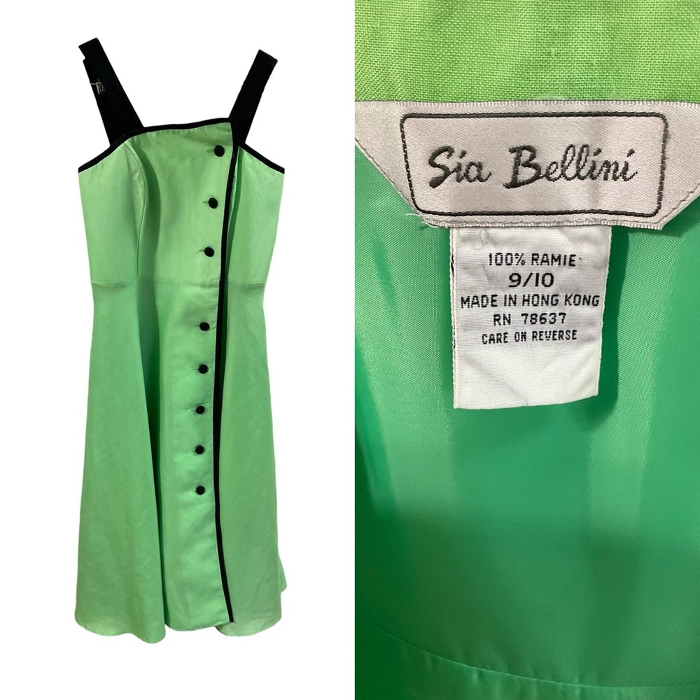 Vintage 90s Sia Bellini Green Ramie Button Front Dress | Mod Retro A-Line 9/10 - Picture 15 of 16